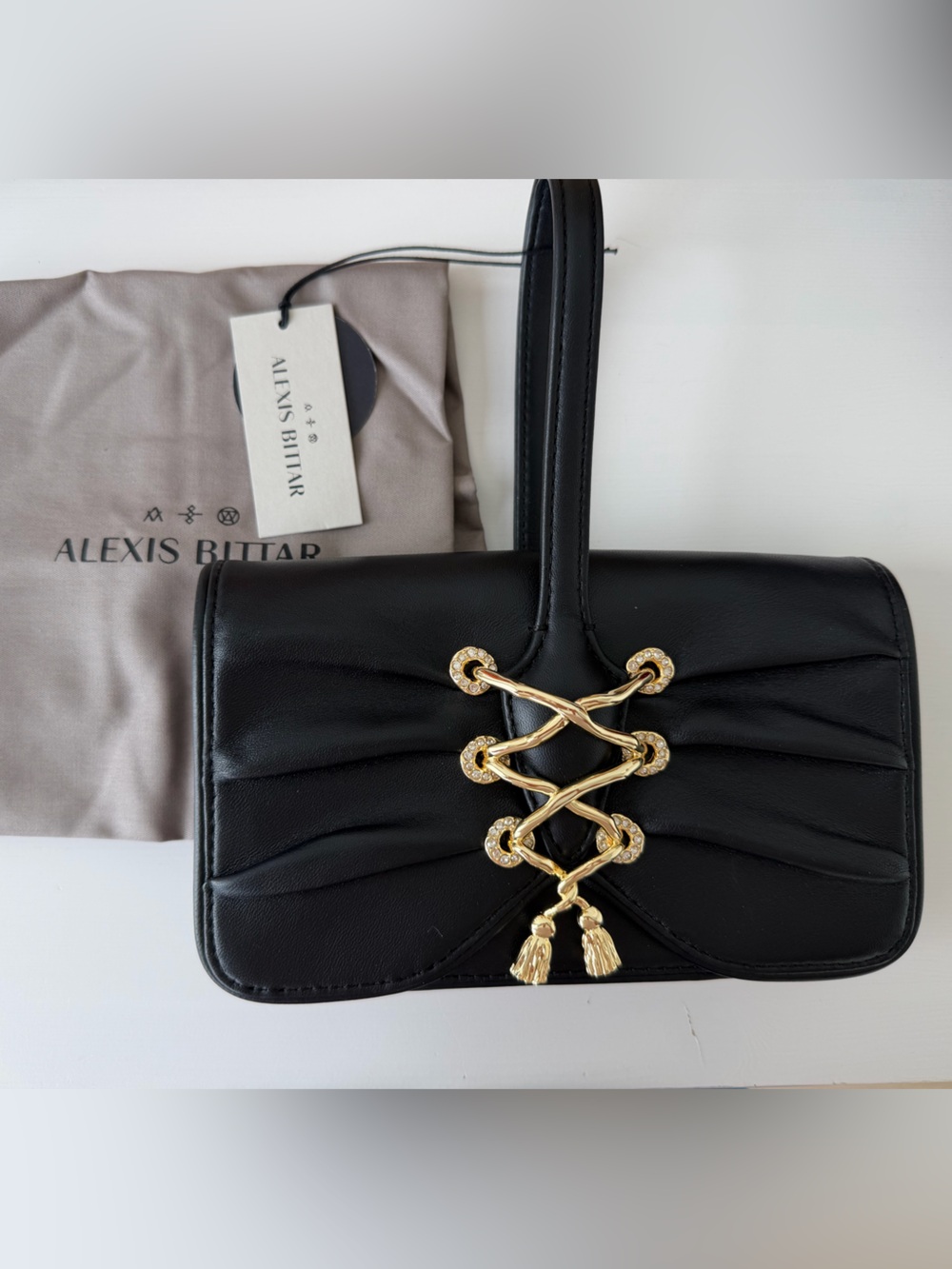 Alexis Bittar Lace-Up Wristlet Black Leather 14K Gold Plated NWT - Picture 2 of 3